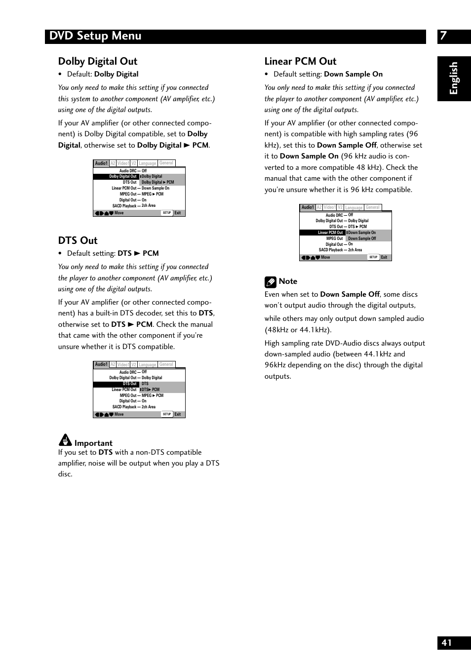 7dvd setup menu, English dolby digital out, Dts out | Linear pcm out, Important | Marantz DV8300 User Manual | Page 41 / 72