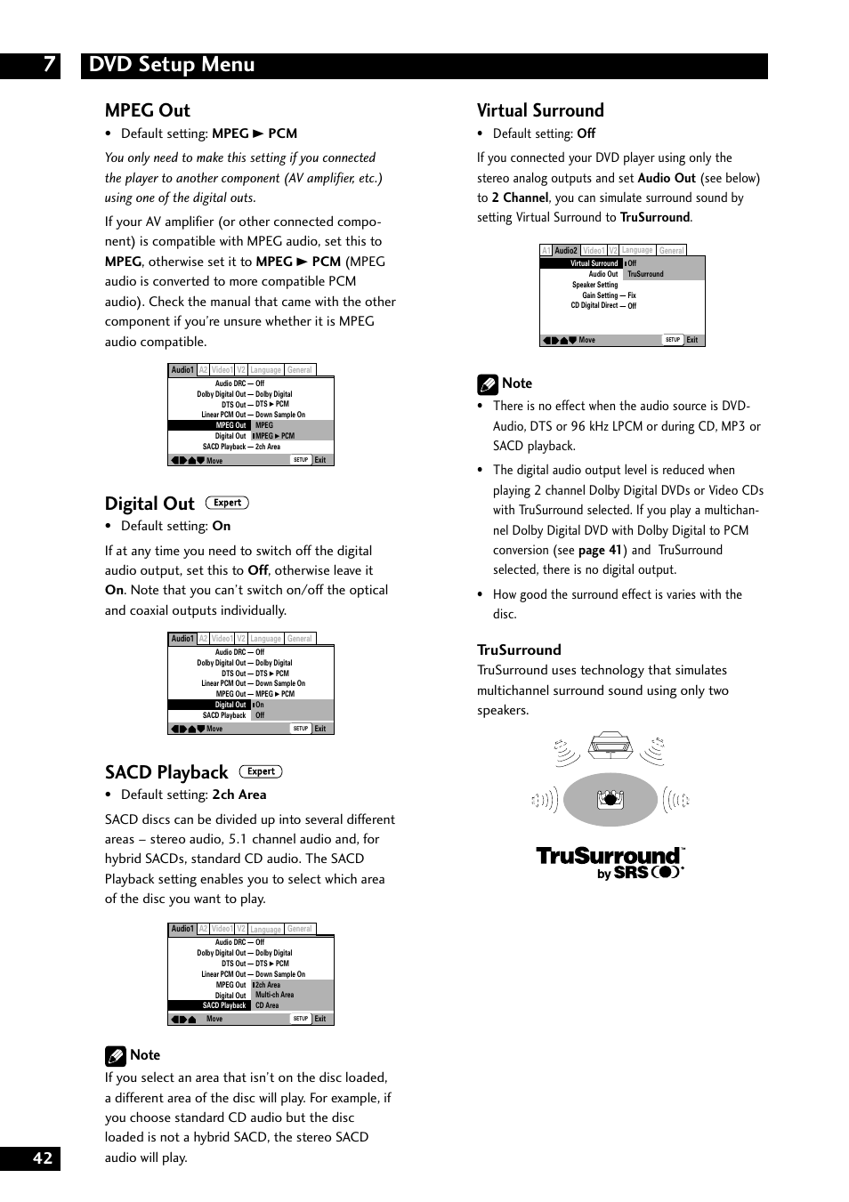 Dvd setup menu 7, Mpeg out, Digital out | Sacd playback, Virtual surround, Trusurround | Marantz DV8300 User Manual | Page 42 / 72