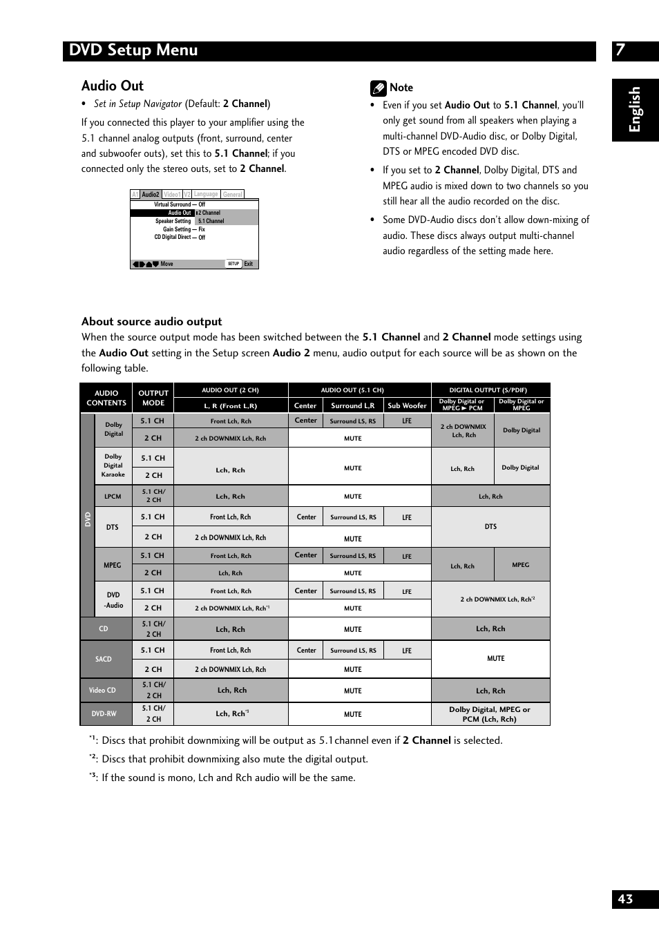 7dvd setup menu, English audio out, About source audio output | Marantz DV8300 User Manual | Page 43 / 72