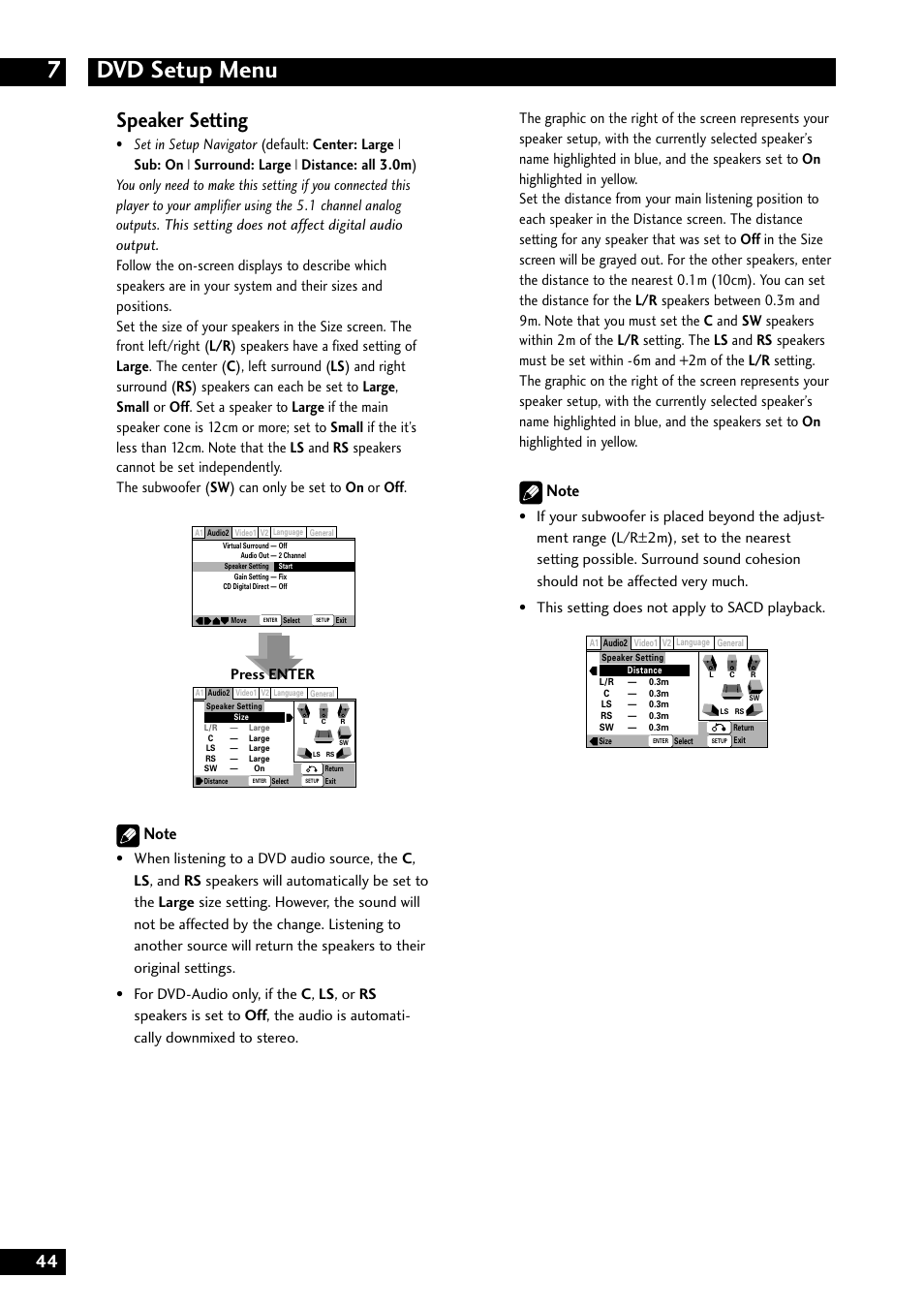 Dvd setup menu 7, Speaker setting, Press enter | Marantz DV8300 User Manual | Page 44 / 72