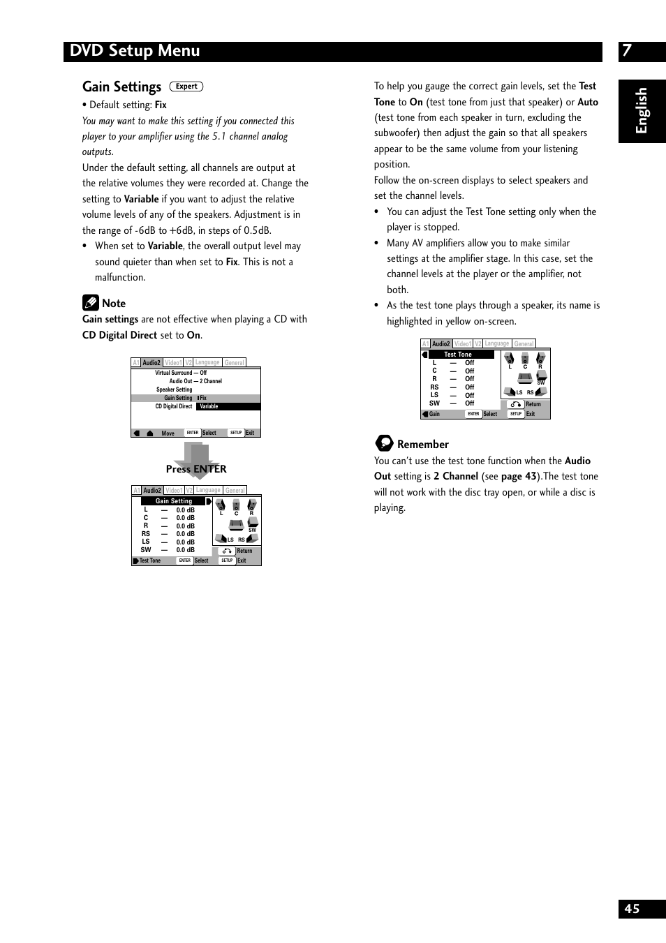 7dvd setup menu, English gain settings, Remember | Marantz DV8300 User Manual | Page 45 / 72