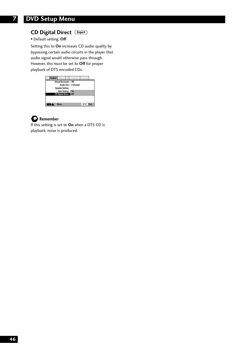 Dvd setup menu 7, Cd digital direct, Remember | Marantz DV8300 User Manual | Page 46 / 72