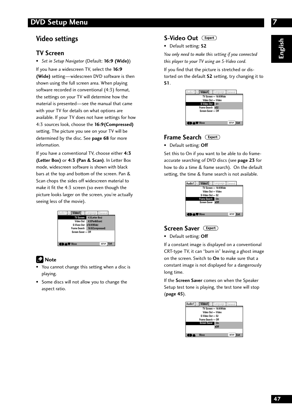 7dvd setup menu, Video settings, English | Tv screen, S-video out, Frame search, Screen saver | Marantz DV8300 User Manual | Page 47 / 72
