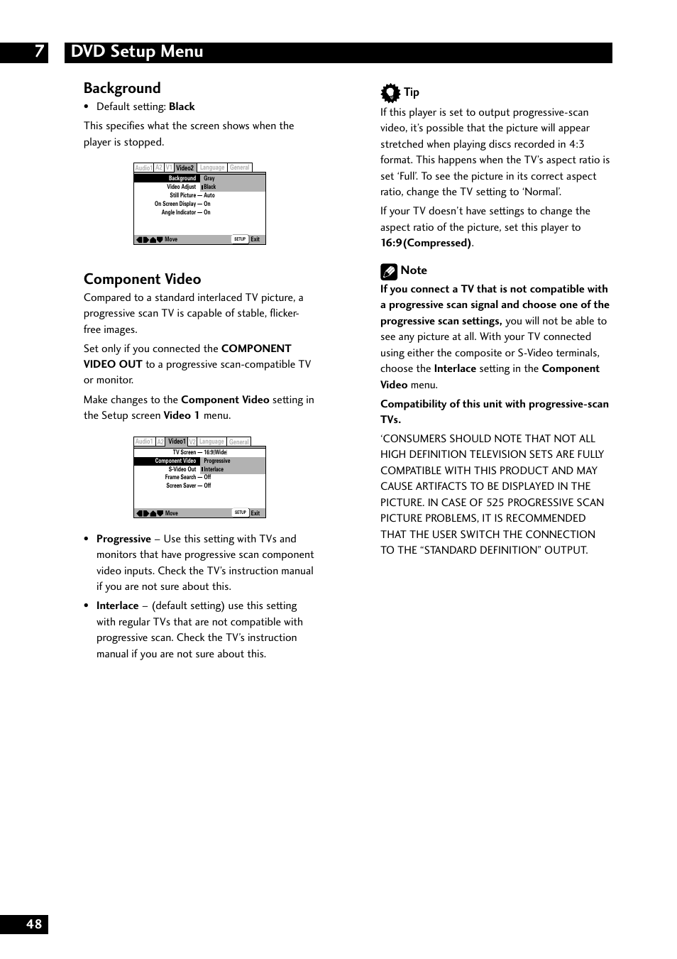 Dvd setup menu 7, Background, Component video | Marantz DV8300 User Manual | Page 48 / 72