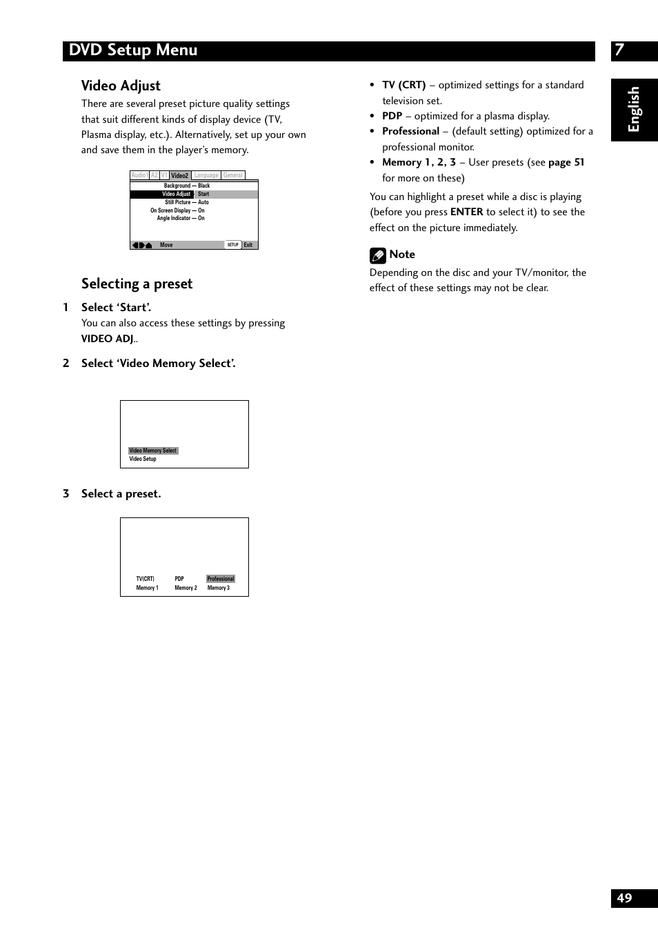 7dvd setup menu, English video adjust, Selecting a preset | 1 select ‘start, 3 select a preset | Marantz DV8300 User Manual | Page 49 / 72