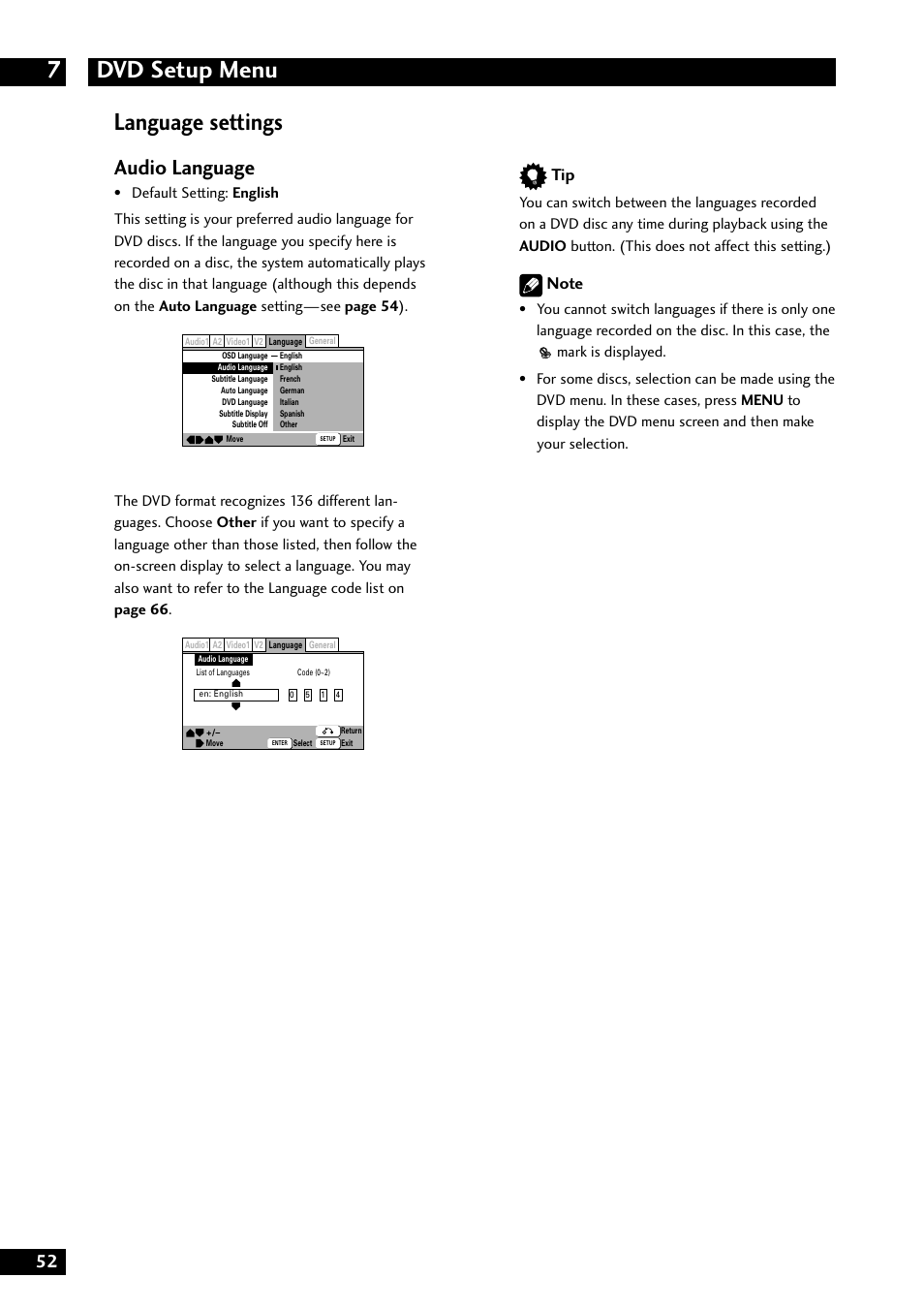 Dvd setup menu 7, Language settings, Audio language | Marantz DV8300 User Manual | Page 52 / 72