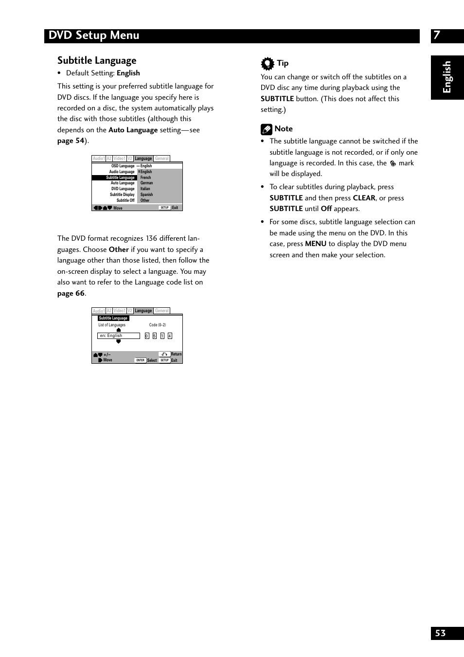 7dvd setup menu, English subtitle language | Marantz DV8300 User Manual | Page 53 / 72