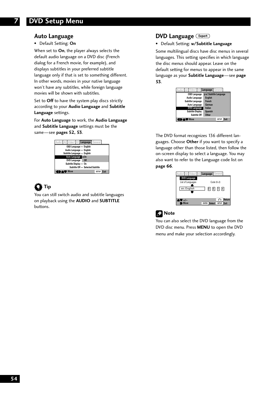 Dvd setup menu 7, Auto language, Dvd language | Marantz DV8300 User Manual | Page 54 / 72