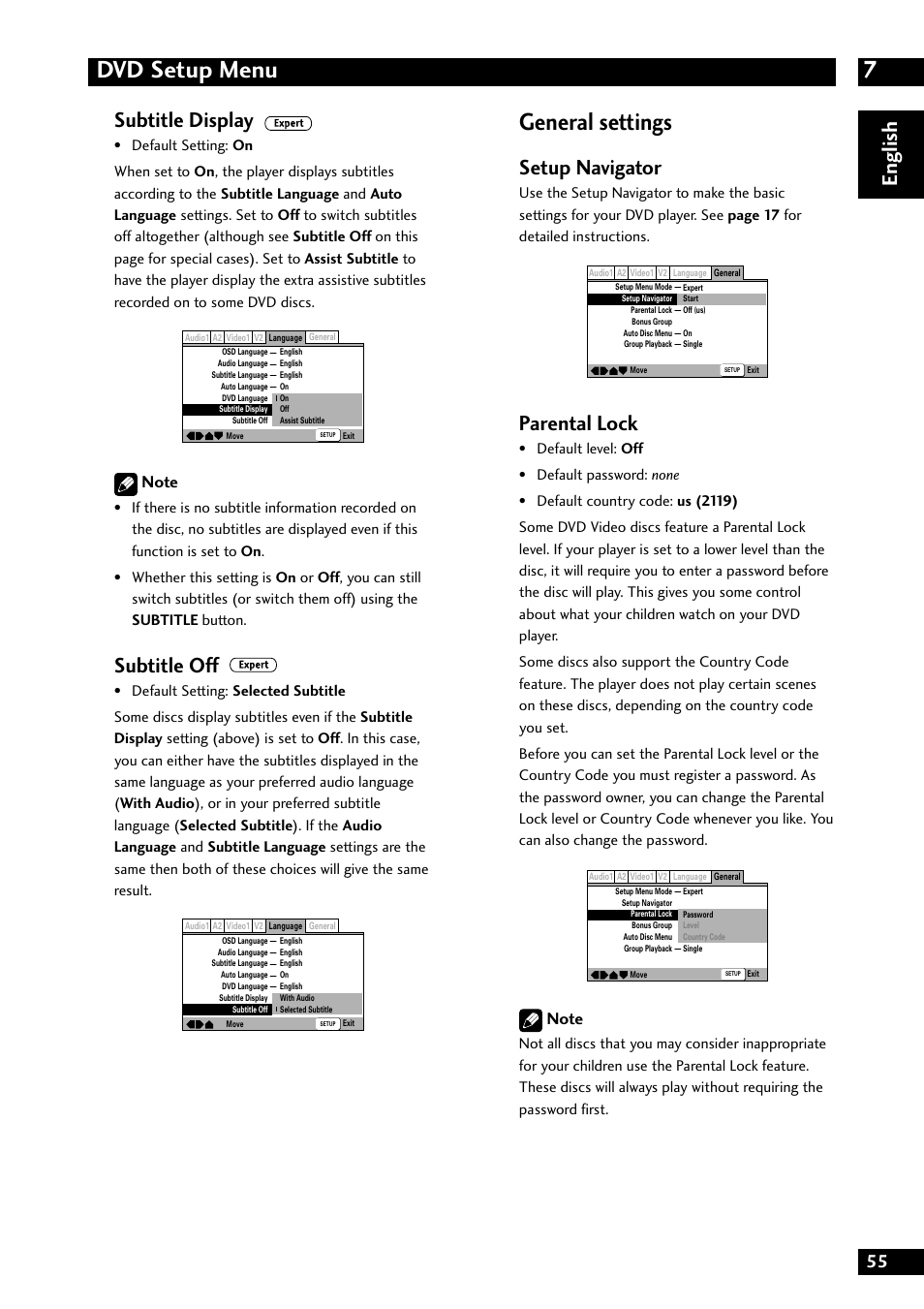 7dvd setup menu, General settings, English | Setup navigator, Parental lock, Subtitle display, Subtitle off | Marantz DV8300 User Manual | Page 55 / 72