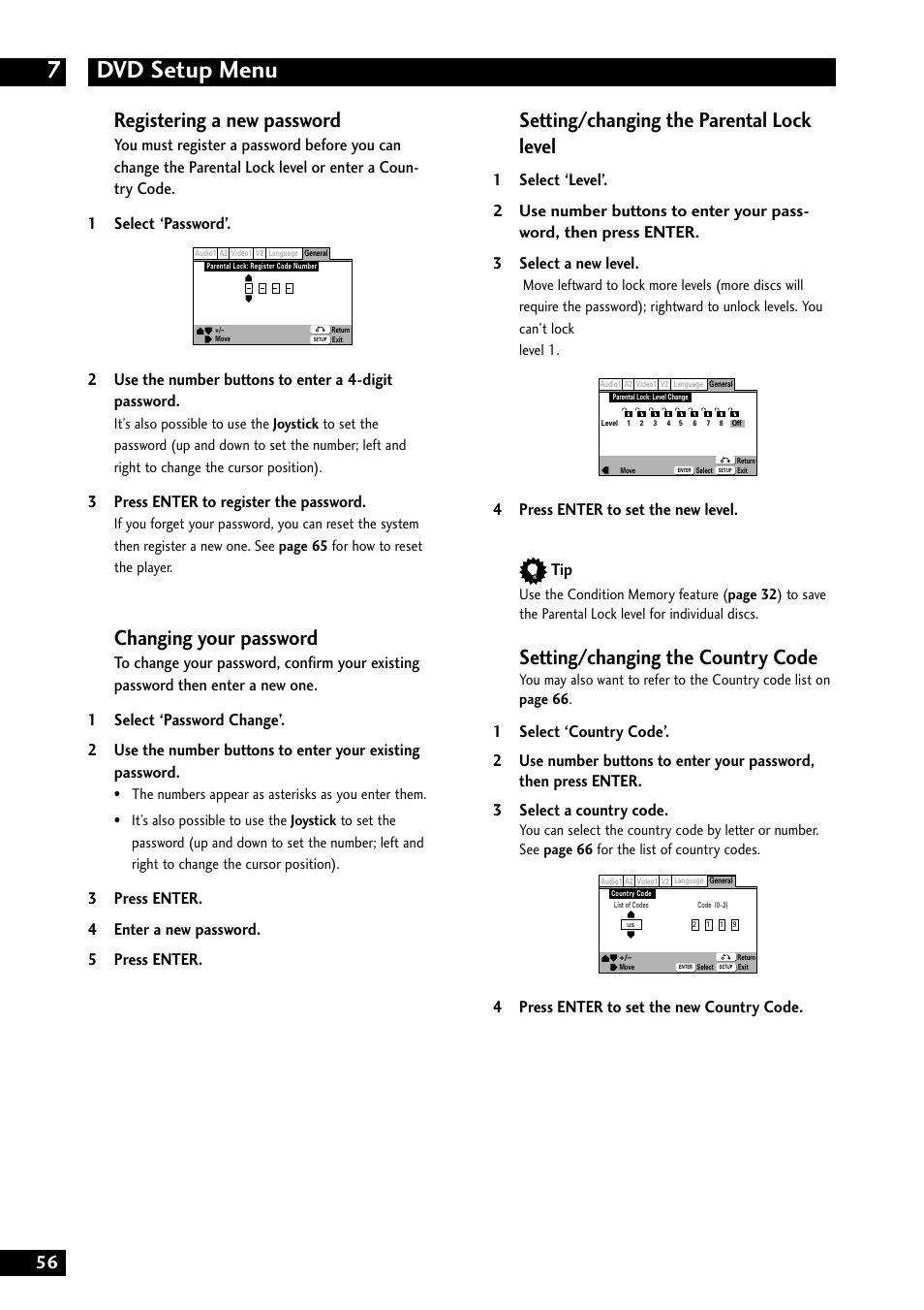 Dvd setup menu 7, Registering a new password, Changing your password | Setting/changing the parental lock level, Setting/changing the country code, 3press enter to register the password, 4press enter to set the new level. tip, 4press enter to set the new country code | Marantz DV8300 User Manual | Page 56 / 72