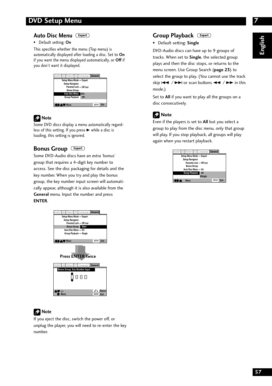 7dvd setup menu, English auto disc menu, Bonus group | Group playback, Press enter twice | Marantz DV8300 User Manual | Page 57 / 72