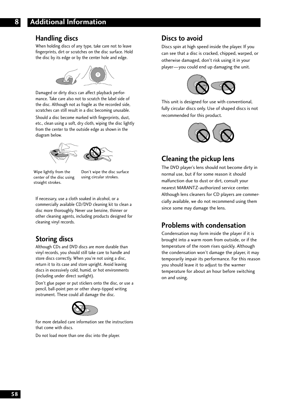 Additional information 8, Handling discs, Storing discs | Discs to avoid, Cleaning the pickup lens, Problems with condensation | Marantz DV8300 User Manual | Page 58 / 72