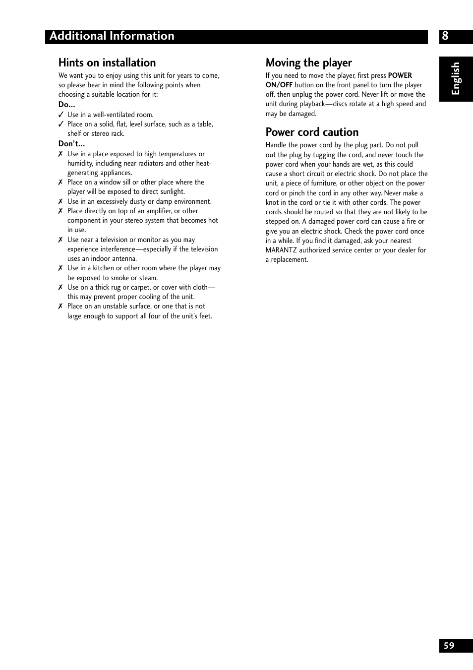 8additional information, Hints on installation, Moving the player | Power cord caution, English | Marantz DV8300 User Manual | Page 59 / 72