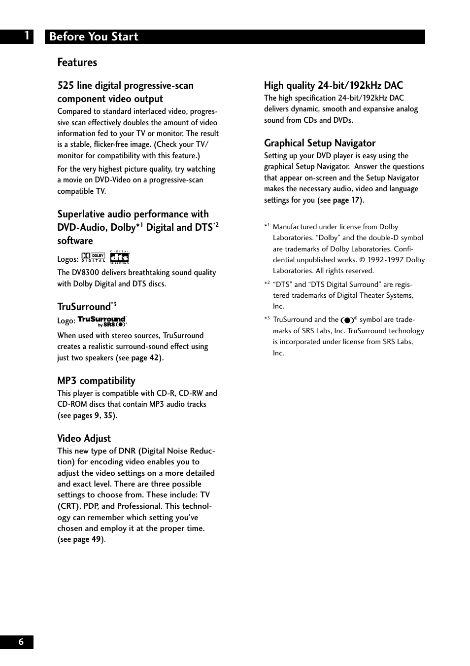Before you start 1, Features, Digital and dts | Software, Trusurround, Mp3 compatibility, Video adjust, Graphical setup navigator | Marantz DV8300 User Manual | Page 6 / 72