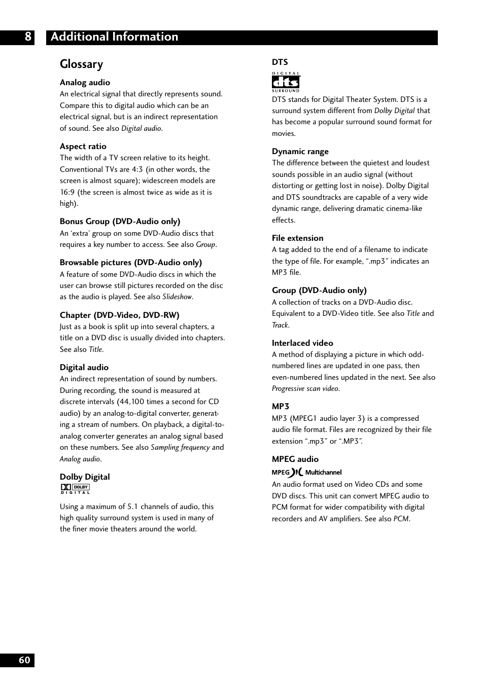 Additional information 8, Glossary | Marantz DV8300 User Manual | Page 60 / 72