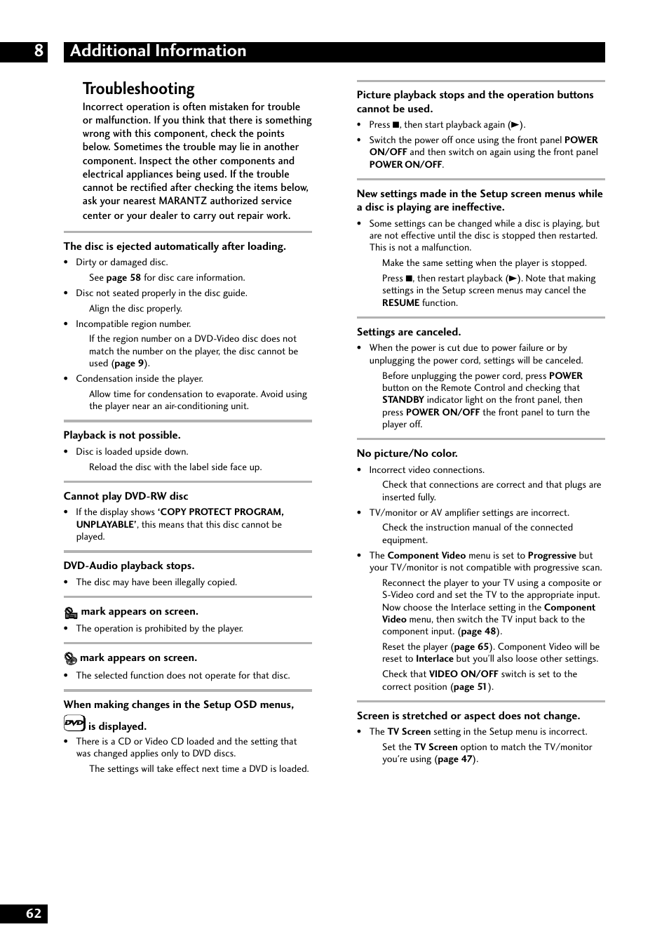 Additional information 8, Troubleshooting | Marantz DV8300 User Manual | Page 62 / 72