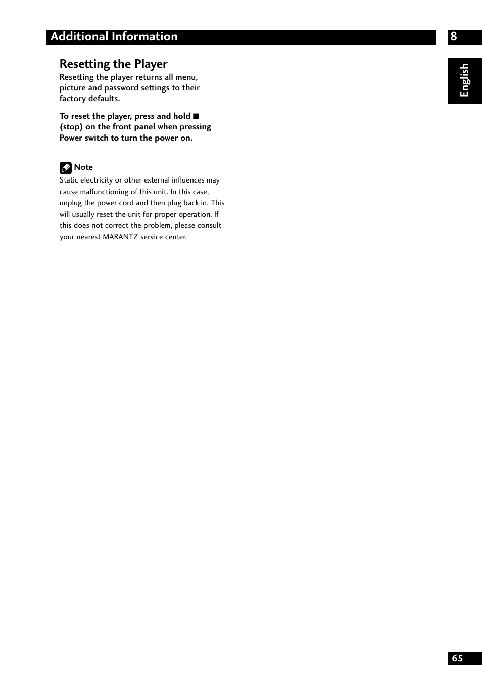 8additional information, Resetting the player | Marantz DV8300 User Manual | Page 65 / 72