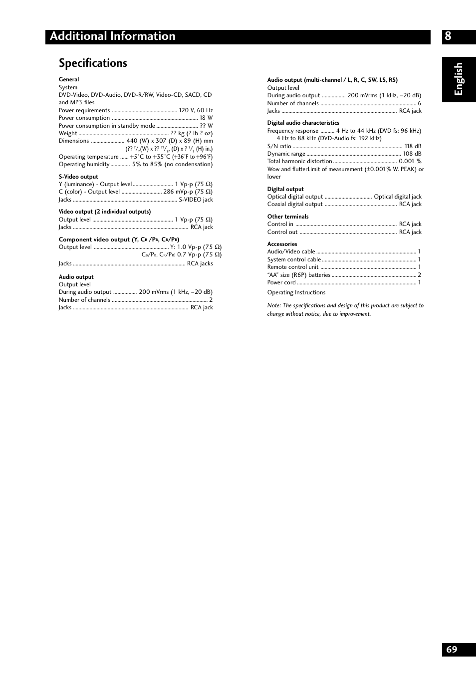 8additional information, Specifications, English | Marantz DV8300 User Manual | Page 69 / 72