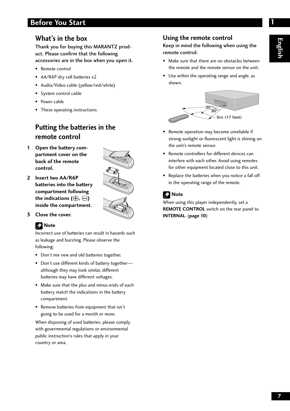 1before you start, What’s in the box, Putting the batteries in the remote control | English, Using the remote control | Marantz DV8300 User Manual | Page 7 / 72