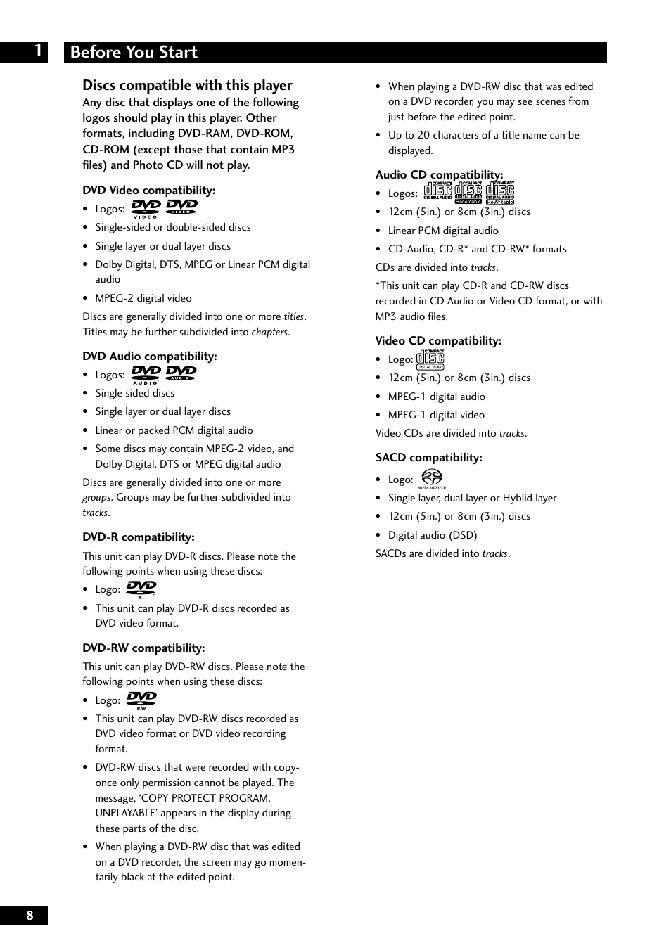 Before you start 1, Discs compatible with this player | Marantz DV8300 User Manual | Page 8 / 72