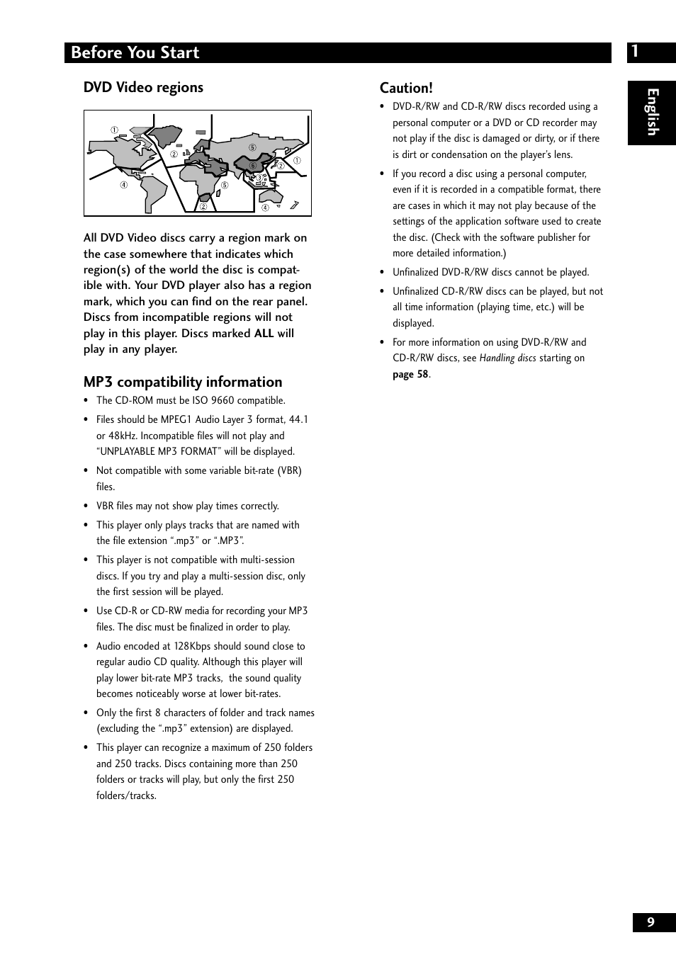 1before you start, English caution, Dvd video regions | Mp3 compatibility information | Marantz DV8300 User Manual | Page 9 / 72