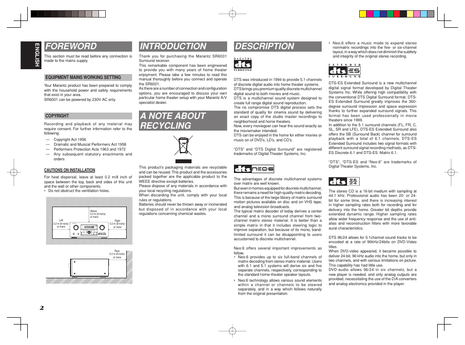 Introduction, Description, Foreword | Marantz SR6001 User Manual | Page 6 / 68