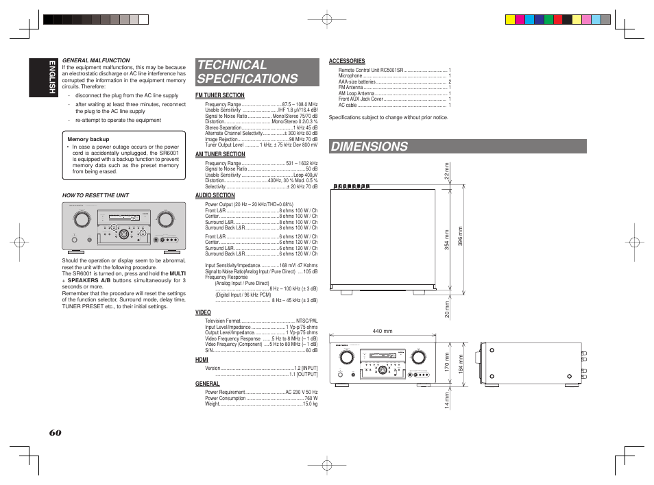 Dimensions, Technical specifications | Marantz SR6001 User Manual | Page 64 / 68