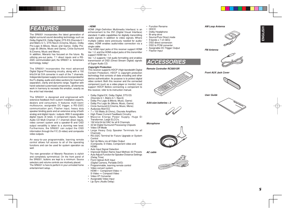 Features, Accessories | Marantz SR6001 User Manual | Page 9 / 68