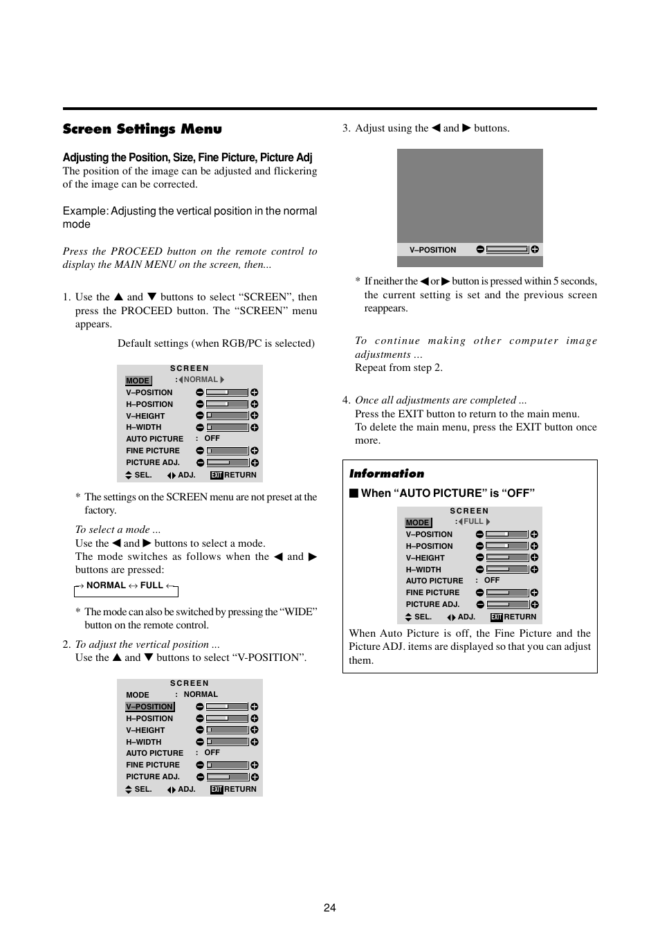 Screen settings menu | Marantz PD4293D User Manual | Page 31 / 64