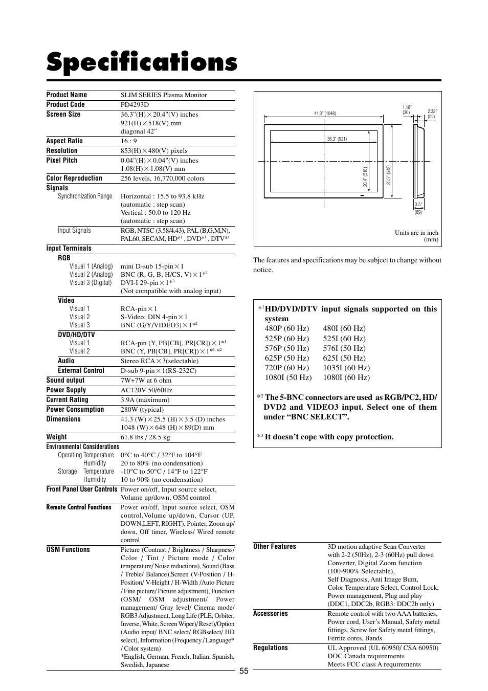 Specifications | Marantz PD4293D User Manual | Page 62 / 64