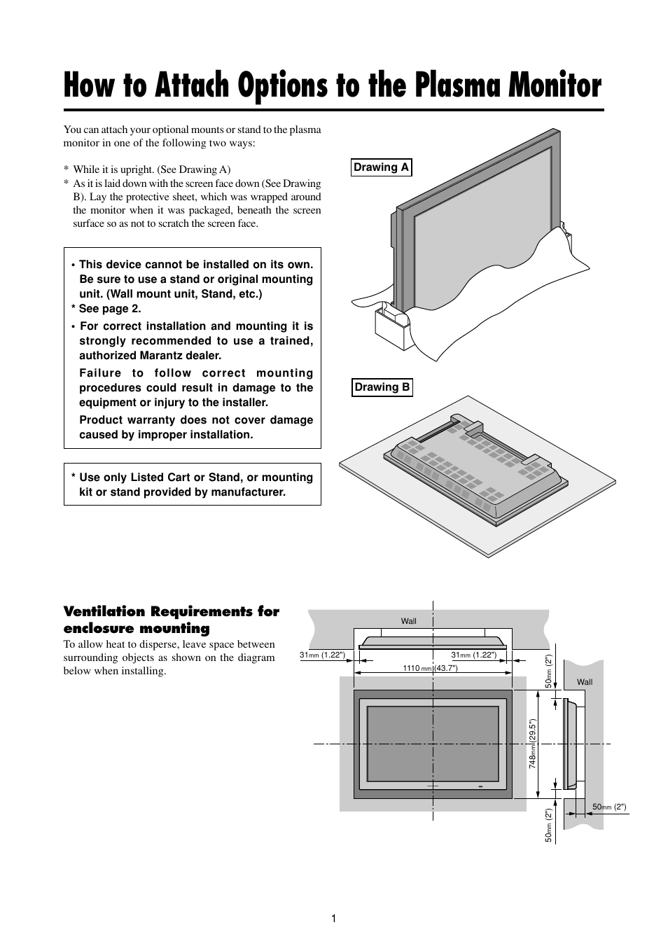 How to attach options to the plasma monitor, Ventilation requirements for enclosure mounting | Marantz PD4293D User Manual | Page 8 / 64