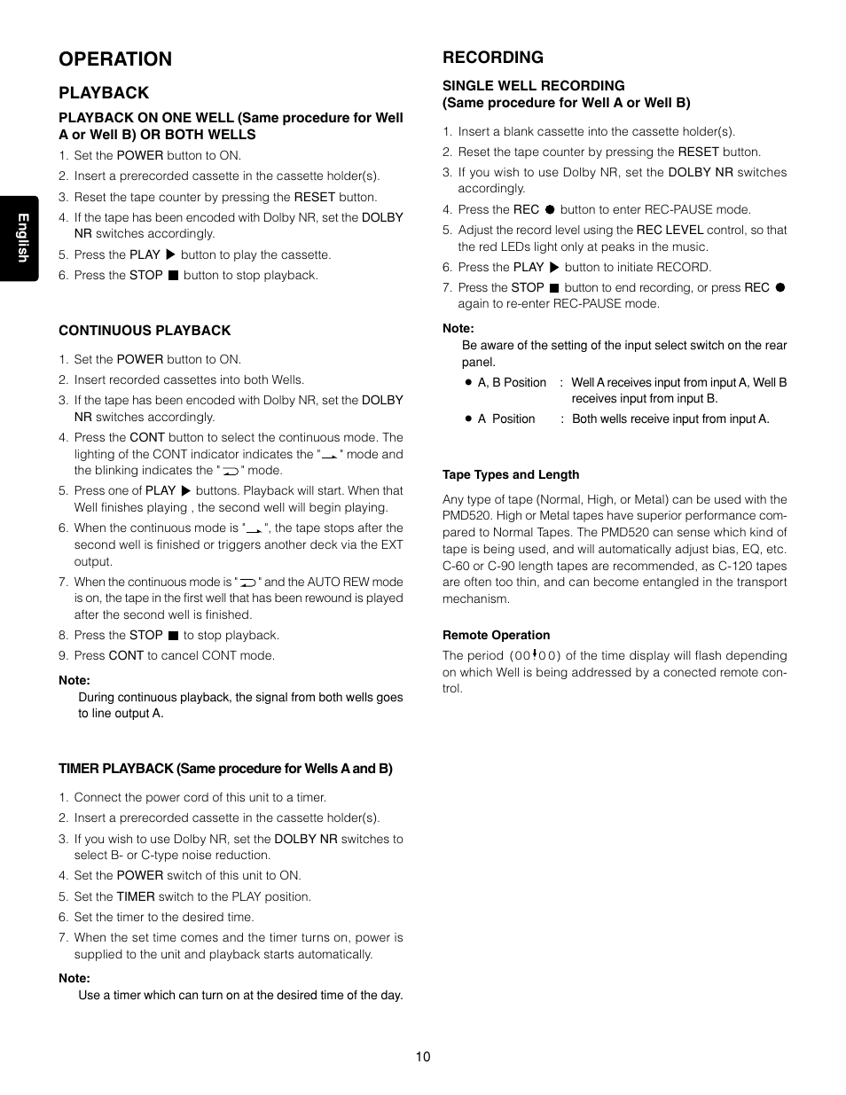 Operation, Playback, Recording | Marantz 3-Head Double Cassette Deck PMD520 User Manual | Page 11 / 22