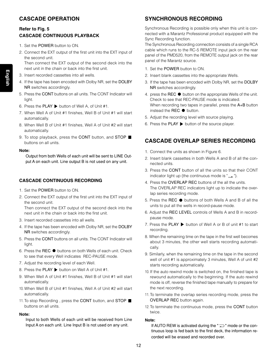 Cascade operation, Synchronous recording, Cascade overlap series recording | Marantz 3-Head Double Cassette Deck PMD520 User Manual | Page 13 / 22