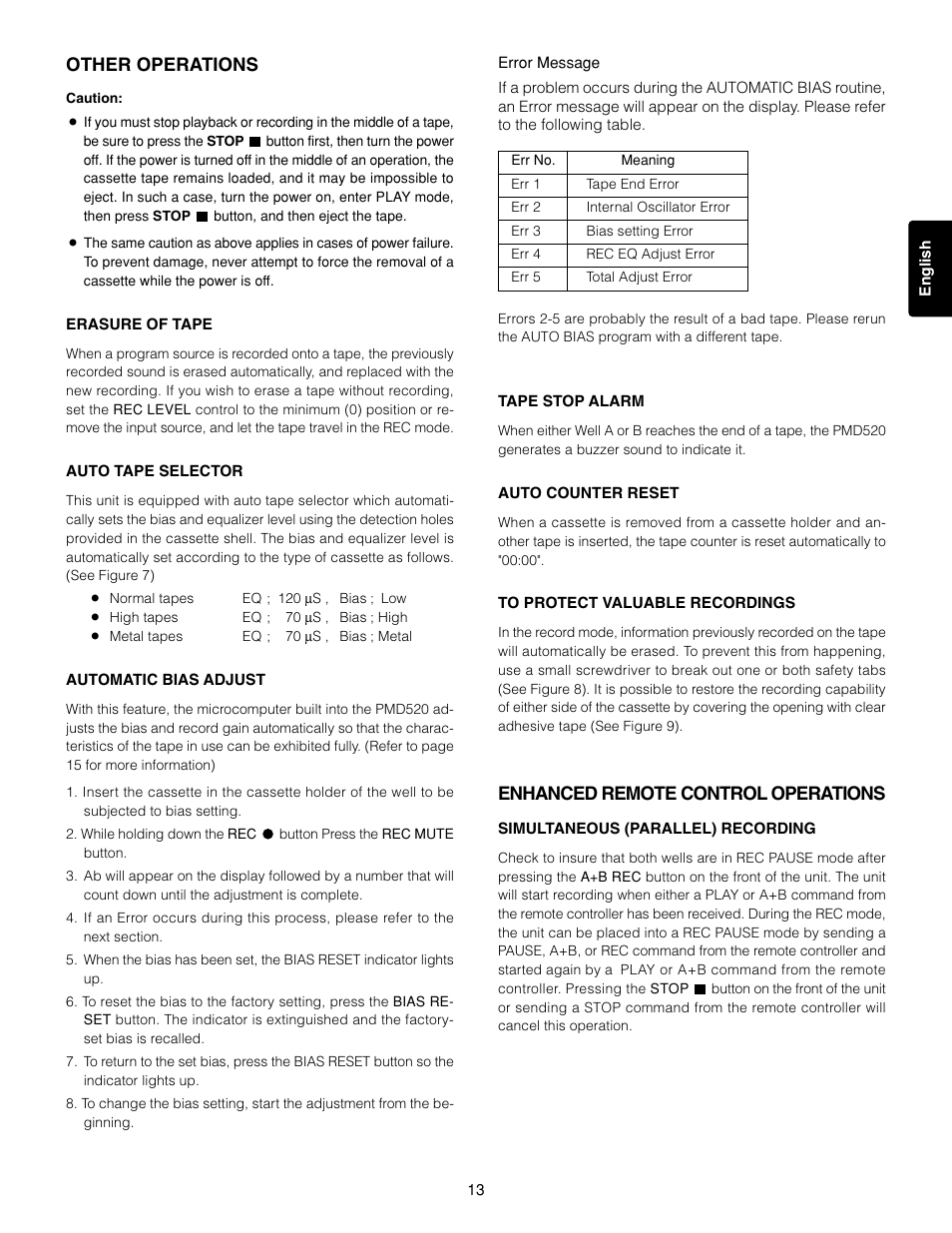 Other operations, Enhanced remote control operations | Marantz 3-Head Double Cassette Deck PMD520 User Manual | Page 14 / 22