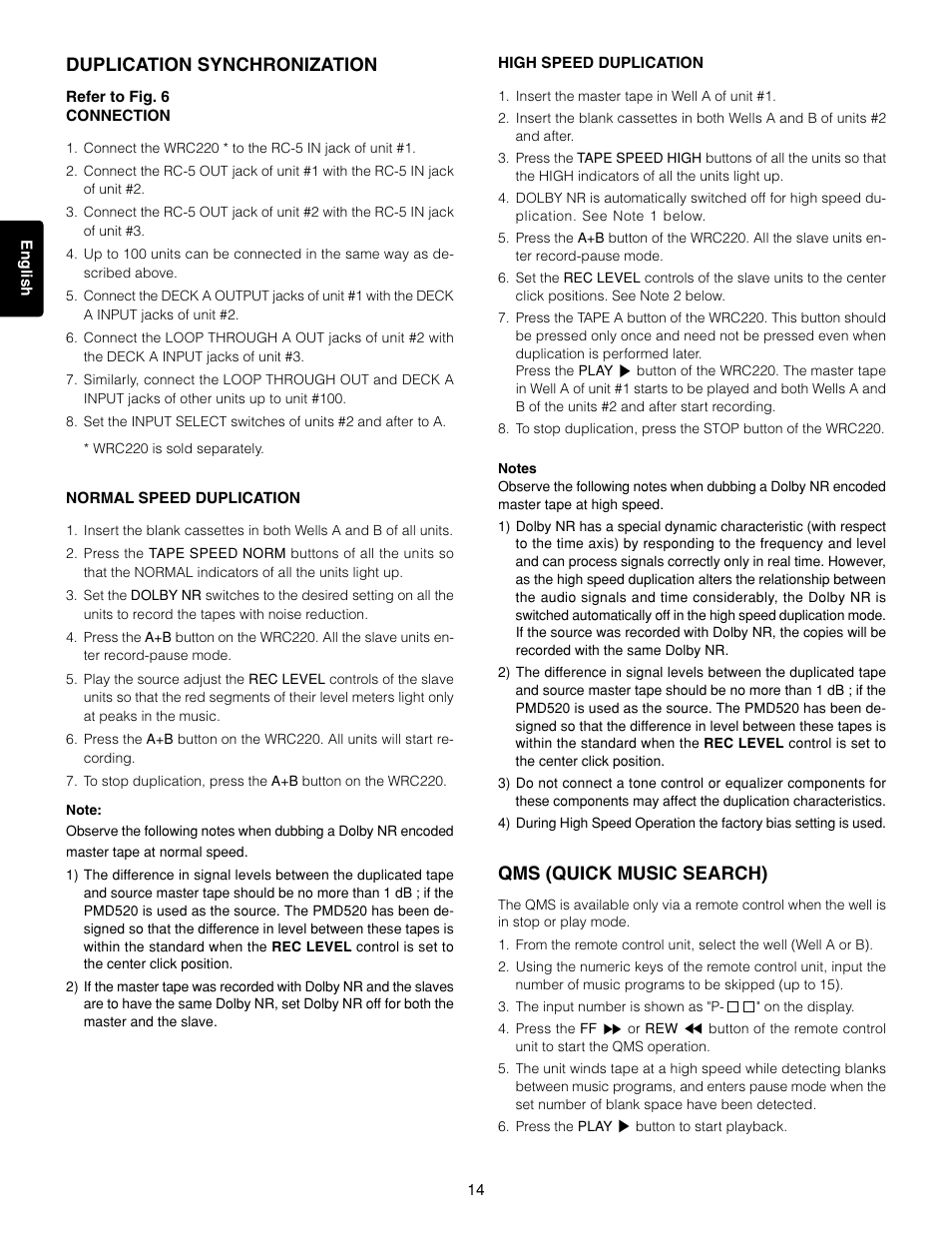 Duplication synchronization, Qms (quick music search) | Marantz 3-Head Double Cassette Deck PMD520 User Manual | Page 15 / 22