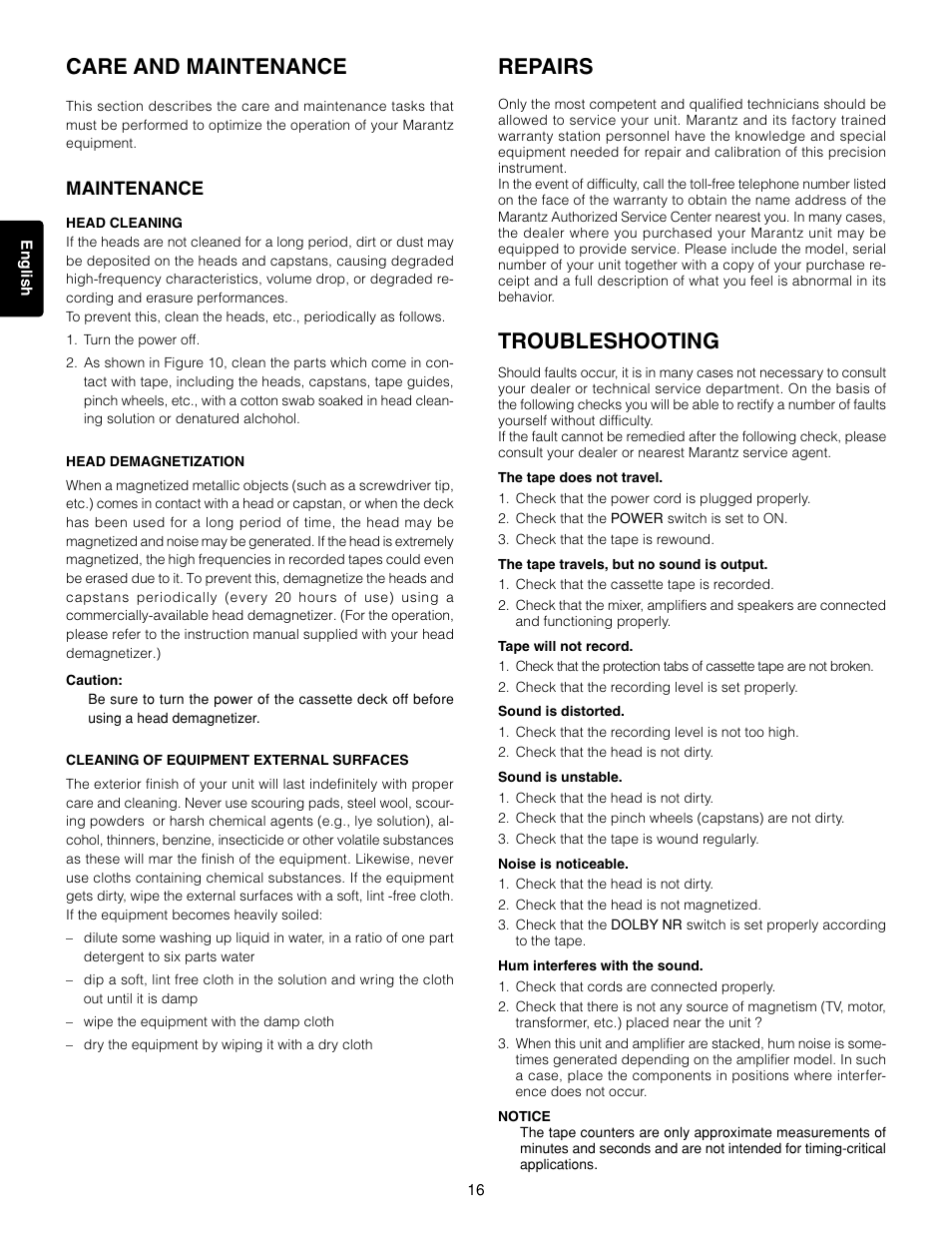 Repairs, Troubleshooting, Care and maintenance | Maintenance | Marantz 3-Head Double Cassette Deck PMD520 User Manual | Page 17 / 22