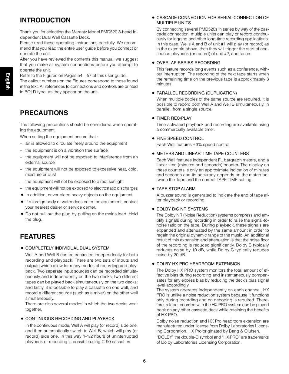 Introduction, Precautions, Features | Marantz 3-Head Double Cassette Deck PMD520 User Manual | Page 7 / 22