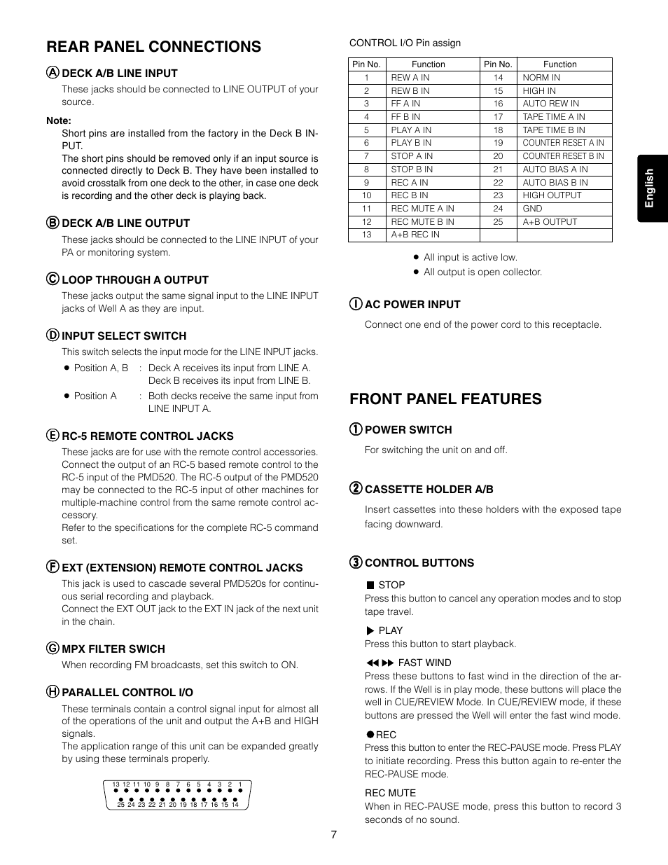 Rear panel connections, Front panel features | Marantz 3-Head Double Cassette Deck PMD520 User Manual | Page 8 / 22