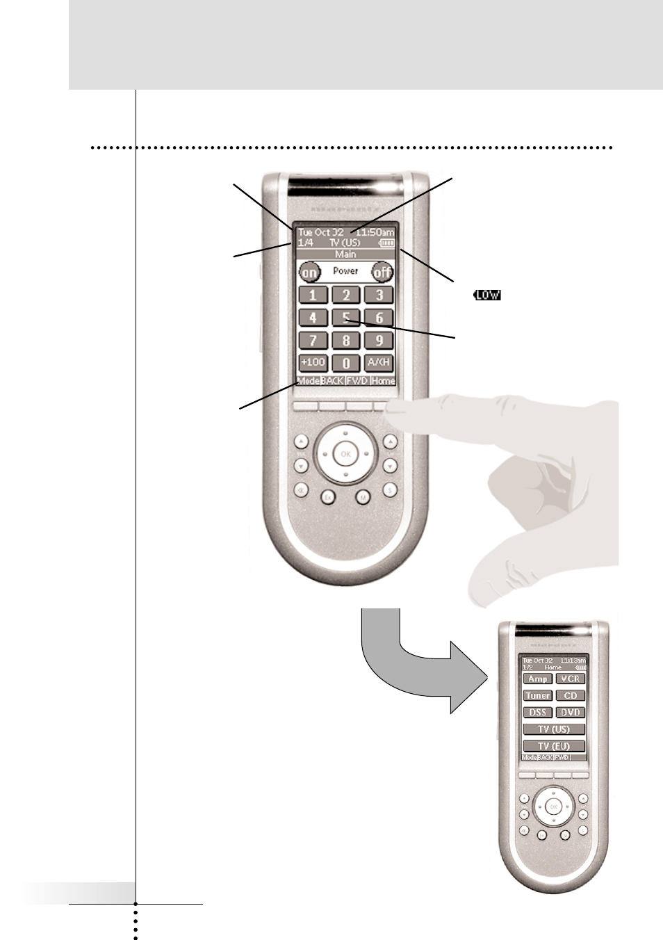Turning on the display and t, Introduction 1. installing the batteries, Using your rc3200 | Details of the touch screen display | Marantz RC3200 User Manual | Page 7 / 36