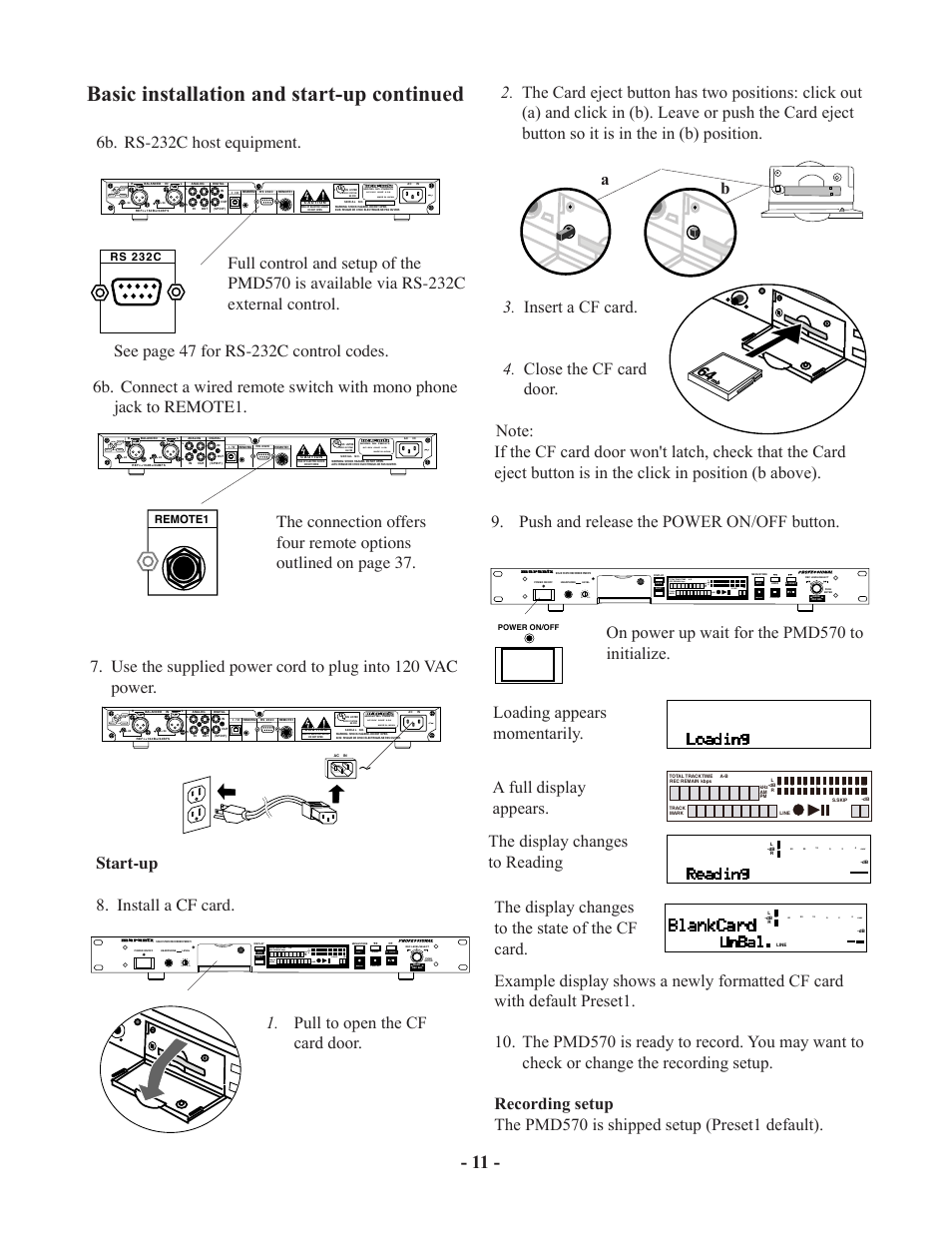 Basic installation and start-up continued, Start-up 8. install a cf card, On power up wait for the pmd570 to initialize | Ground hot (+) cold (-) 2 1 3, Rs 232c, Remote1 | Marantz PMD570 User Manual | Page 11 / 55