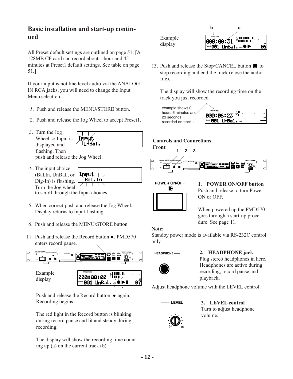 Basic installation and start-up contin- ued | Marantz PMD570 User Manual | Page 12 / 55