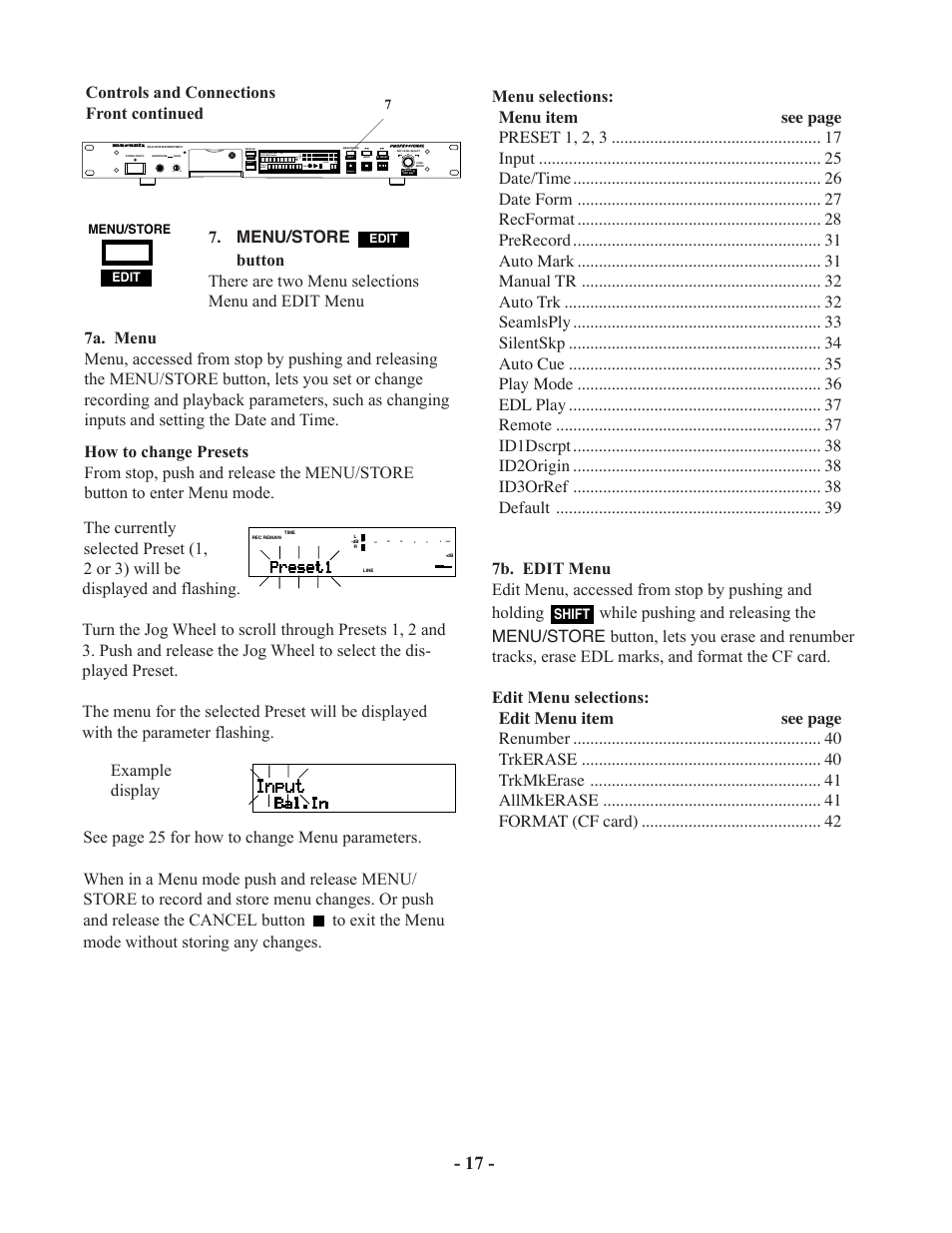 Controls and connections front continued, Menu/store, Shift | Marantz PMD570 User Manual | Page 17 / 55