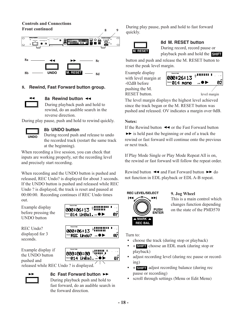 Controls and connections front continued, Rewind, fast forward button group, 8a 8b 8c 8d | Shift, Level margin | Marantz PMD570 User Manual | Page 18 / 55
