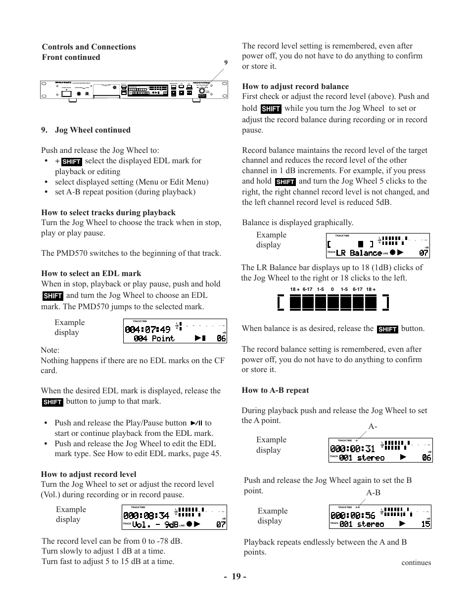 Controls and connections front continued, Example display, Continues | Shift | Marantz PMD570 User Manual | Page 19 / 55