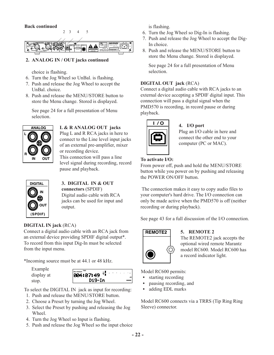 Back continued, I / o, Remote2 | Ground hot (+) cold (-) 2 1 3 | Marantz PMD570 User Manual | Page 22 / 55