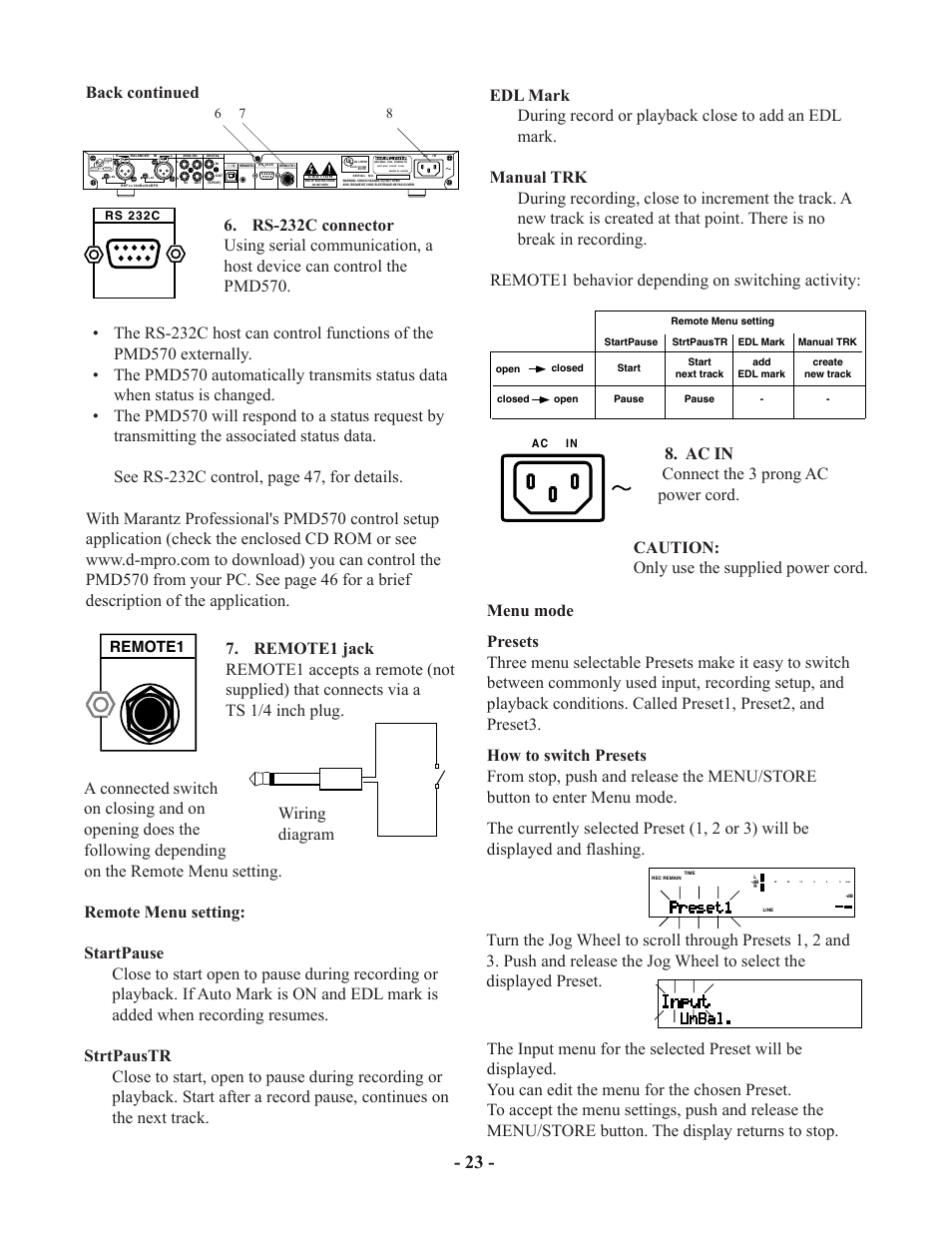 Back continued, Remote1 behavior depending on switching activity, Remote1 | Ground hot (+) cold (-) 2 1 3 | Marantz PMD570 User Manual | Page 23 / 55