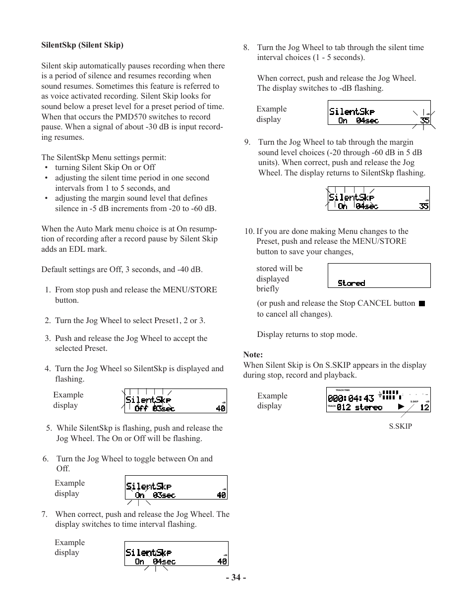 Example display, Stored will be displayed briefly | Marantz PMD570 User Manual | Page 34 / 55