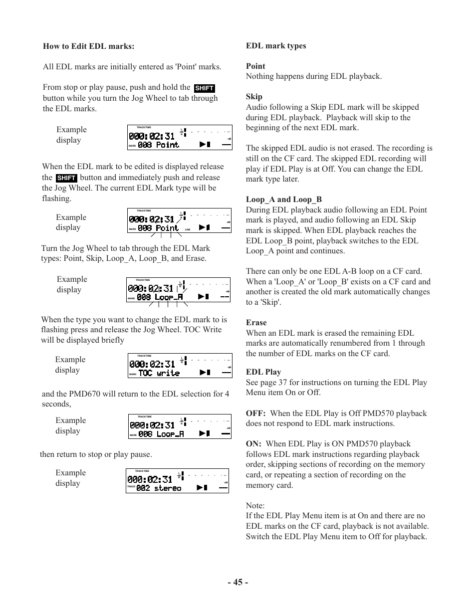 Example display, Shift | Marantz PMD570 User Manual | Page 45 / 55