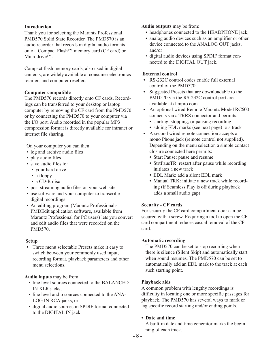 Marantz PMD570 User Manual | Page 8 / 55