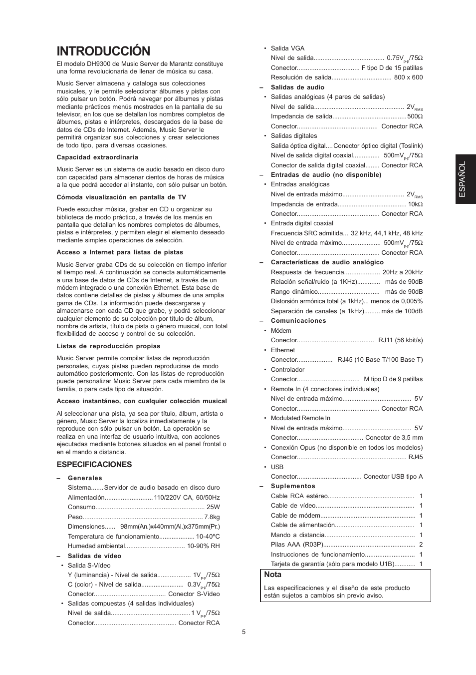 Introducción, Esp añol, Especificaciones | Nota | Marantz DH9300 User Manual | Page 69 / 132